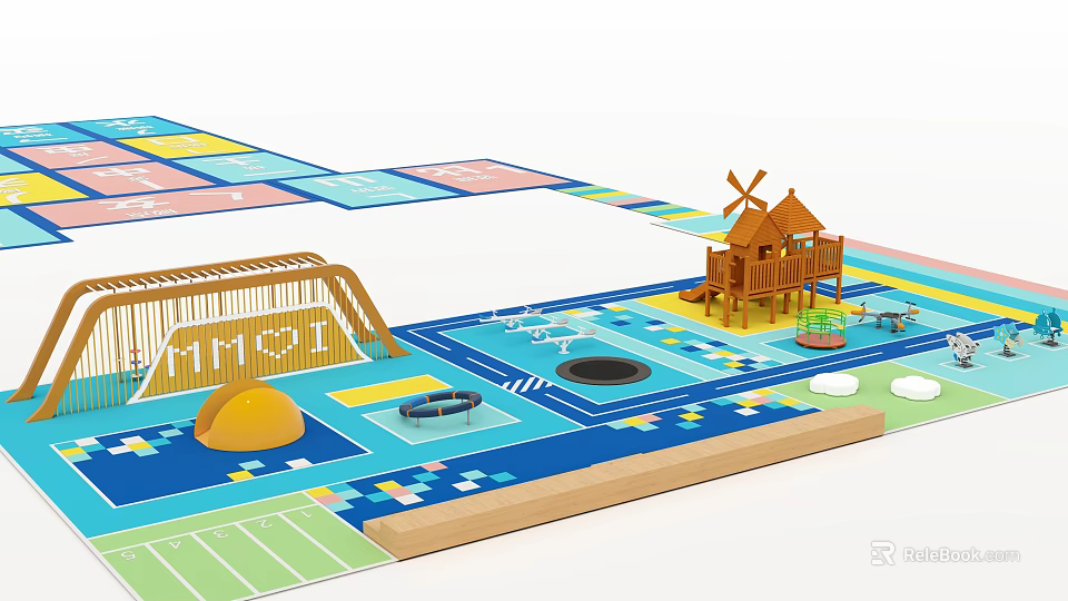 Outdoor Playground Equipment with Wooden Slide Windmill Cottage Sandpit Car Track and Colorful Play Mat 3d model 