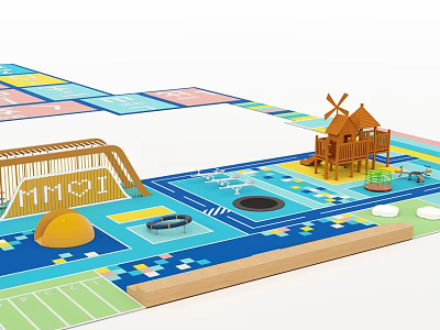 Outdoor Playground Equipment with Wooden Slide Windmill Cottage Sandpit Car Track and Colorful Play Mat 3d model