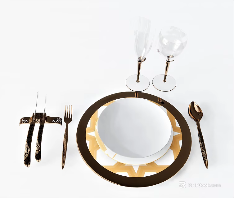 Elegant White Tableware Set With Gold Accent Plate Bowl Fork Knife Spoon And Wine Glasses 3d model 