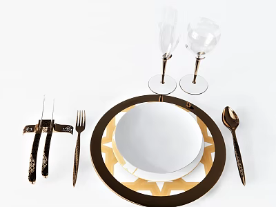 Elegant White Tableware Set With Gold Accent Plate Bowl Fork Knife Spoon And Wine Glasses 3d model