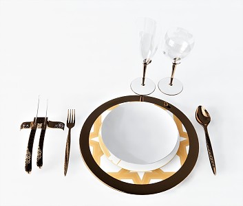 Modern Tableware Plate Saucer Knife and Fork Wine Glass Goblet 3d model