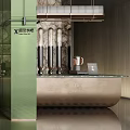 Modern Bar Interior With Stone Wall Glass Bottle Shelves High Stools And Wooden Counter