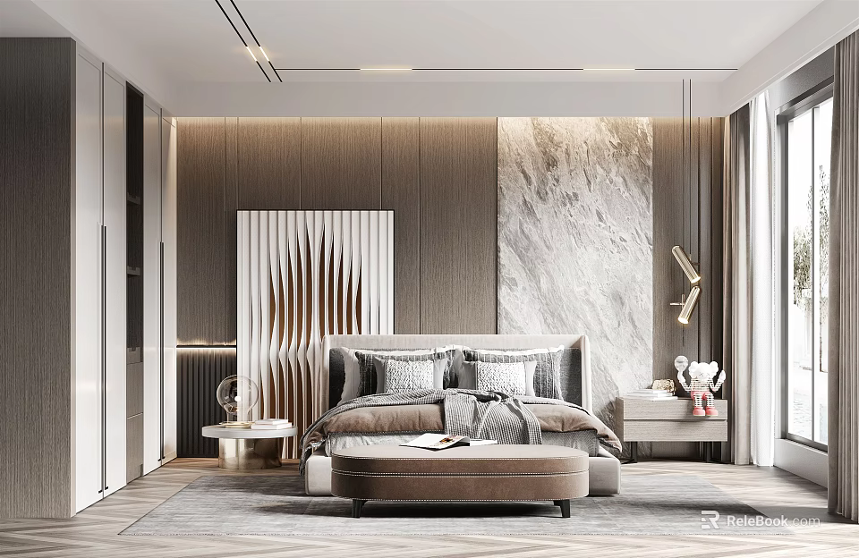 Modern Luxury Bedroom Interior With Wooden Wall Marble Accent Wall Bed Nightstand And Decorative Rug 3d model 
