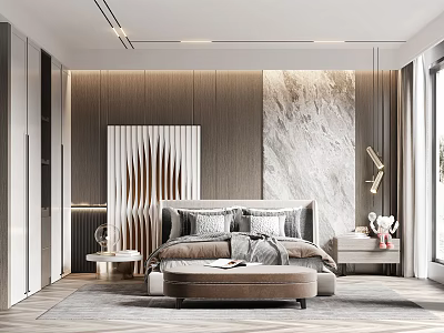 Modern Luxury Bedroom Interior With Wooden Wall Marble Accent Wall Bed Nightstand And Decorative Rug 3d model