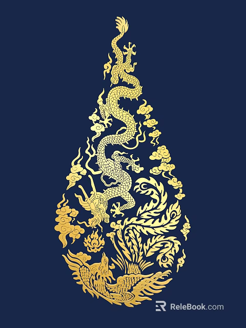 Golden Dragon And Phoenix Carvings With Cloud Patterns On Dark Blue Background 3d model