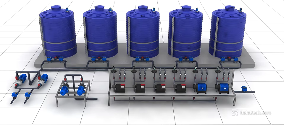 Industrial Equipment Featuring Multiple Blue Storage Tanks Arranged in a Row with Piping System 3d model 