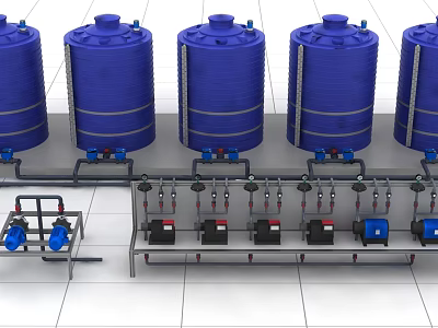 Industrial Equipment Featuring Multiple Blue Storage Tanks Arranged in a Row with Piping System 3d model
