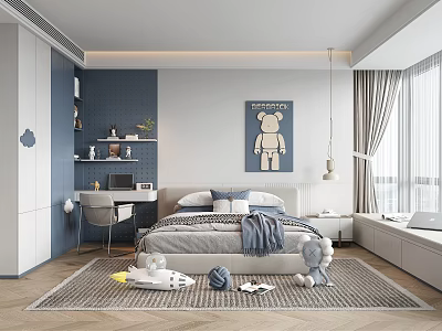 Modern Kids Bedroom Interior With Bed Desk Cartoon Bear Poster And Stuffed Toys 3d model