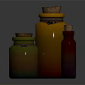 Colorful Glass Bottles Of Various Sizes With Cork Stoppers On Dark Surface