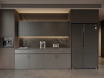 Modern Kitchen Sideboard Design With Dark Cabinets Marble Countertop And Built-in Appliances 3d model