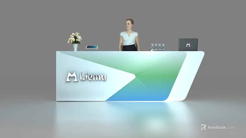 Modern Office Reception Desk With Liemu Logo Vase Tablet Laptop And Receptionist 3d model 