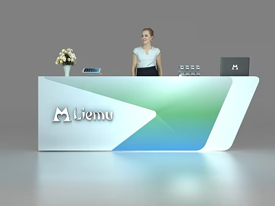 Modern Office Reception Desk With Liemu Logo Vase Tablet Laptop And Receptionist 3d model