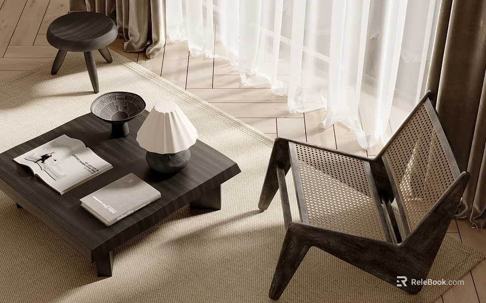 Woven Leisure Chair with Dark Wooden Frame in Cozy Living Area Featuring Coffee Table and Lamp 3d model 