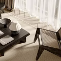 Woven Leisure Chair with Dark Wooden Frame in Cozy Living Area Featuring Coffee Table and Lamp