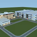 Modern Office Building Complex With Multiple Structures And Green Lawn Areas 3d model