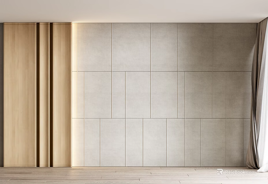 Modern Sofa Background Wall Interior With Textured Tiles And Wooden Frames 3d model 