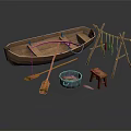 Traditional Wooden Boat with Oars Blue Bucket Small Stool and Fish Drying Rack