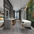 Modern Hotel Room Interior With Comfortable Bed Bathtub Decorative Paintings And Green Accents