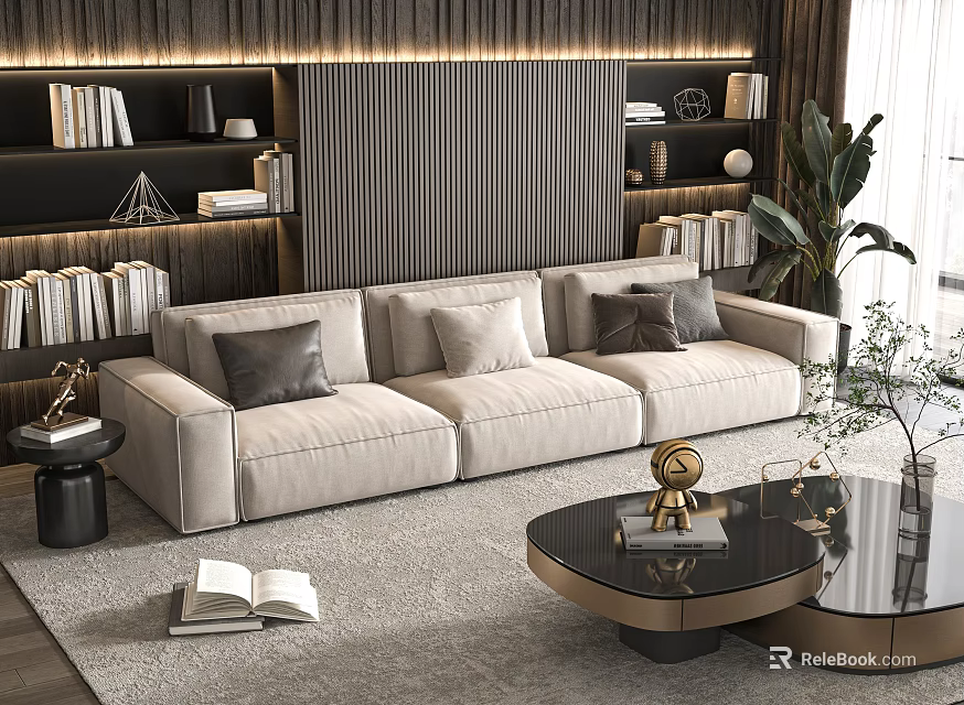 Three Seater Beige Sofa with Pillows in Living Room with Bookshelves Plant and Coffee Table 3d model 