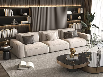 Three Seater Beige Sofa with Pillows in Living Room with Bookshelves Plant and Coffee Table 3d model