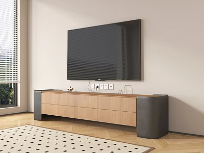 Modern Wooden TV Stand with Storage Drawers and Dark Side Supports Under Large TV 3d model