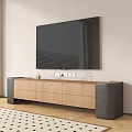 Modern Wooden TV Stand with Storage Drawers and Dark Side Supports Under Large TV