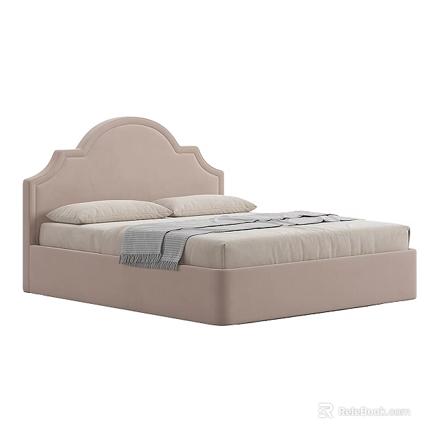 Beige Single Bed with Arched Upholstered Headboard and Pillows Gray Blanket 3d model