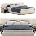 Modern Upholstered Double Bed With Blue Bedspread White Gray Pillows Side Table And Beige Frame 3d model