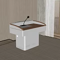 Modern White Base Podium With Wooden Top And Microphone In Room Interior