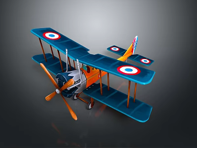 Vintage Blue And Orange Biplane Model With Round Insignias On Wings 3d model