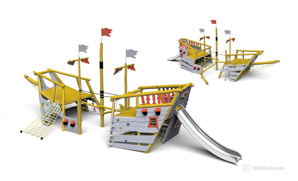 Pirate Ship Themed Playground Equipment with Slide Flags and Ladder 3d model