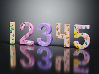 Colorful Number Shaped Decorative Ornament Set with Cartoon Patterns 1 to 5 on Black Surface 3d model