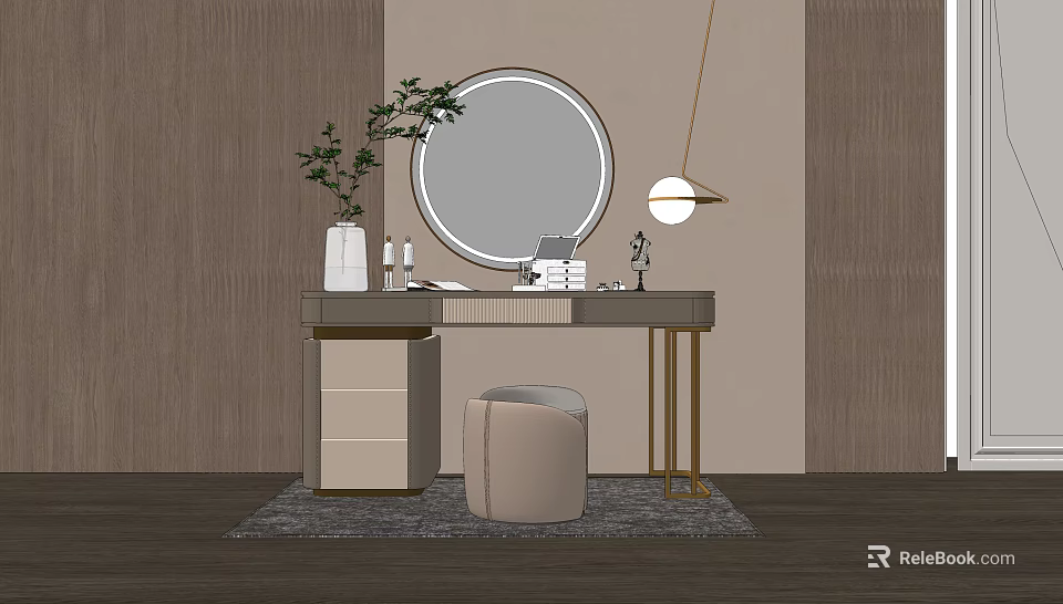 Modern Elegant Dressing Table with Round Mirror Hanging Lamp Plant Stool and Drawers 3d model 
