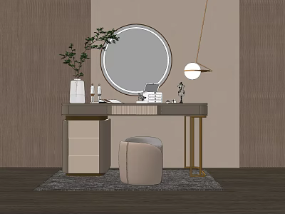 Modern Elegant Dressing Table with Round Mirror Hanging Lamp Plant Stool and Drawers 3d model