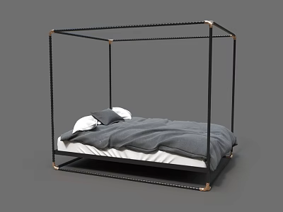 Double Bed with Black Four-Poster Frame and Gold Accents Gray Comforter and White Pillows 3d model