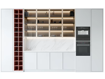 Modern Wine Cabinet With Glass Shelves Lighting Wine Racks And Marble Countertop 3d model