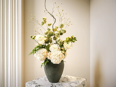 Dark Green Vase With White Hydrangeas Green Leaves And Slender Branches On Patterned Tablecloth 3d model