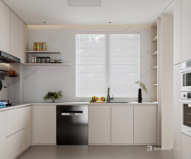 Modern Kitchen Interior With White Cabinets Marble Countertops And Window Blinds 3d model 