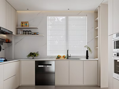 Modern Kitchen Interior With White Cabinets Marble Countertops And Window Blinds 3d model