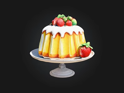 Delicious Bundt Cake With White Frosting And Fresh Strawberries On Cake Stand 3d model