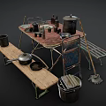 Rustic Vintage Wooden Table With Chair Bench And Old Kitchen Items
