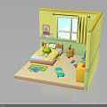 Kids Bedroom Interior With Yellow Walls Window Curtains Bed Scooter Toys And Bookshelf