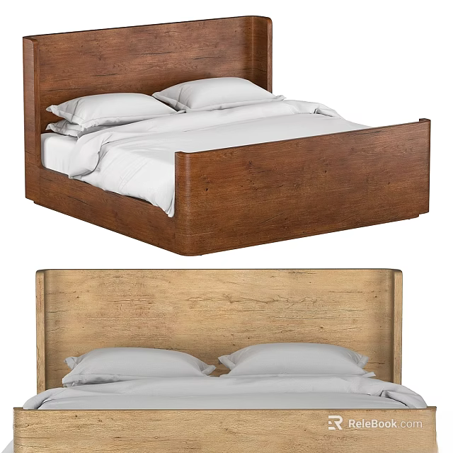 Wooden Double Bed with Headboard and White Bed Sheets and Pillows 3d model 