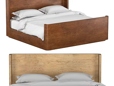 Wooden Double Bed with Headboard and White Bed Sheets and Pillows 3d model