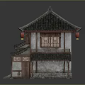 Traditional Chinese Architecture With Sloped Tiled Roof Wooden Structure Red Lanterns And Stone Steps