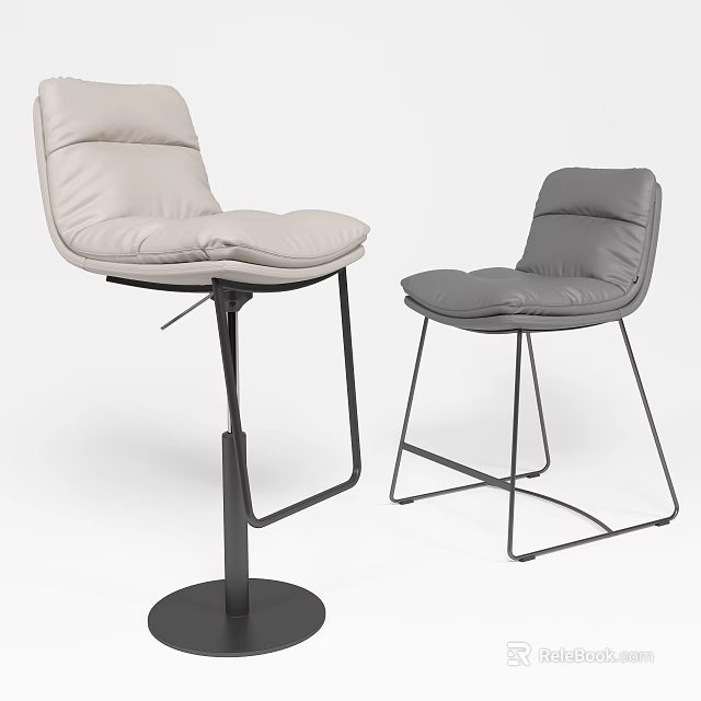 Modern Upholstered Bar Stools With Gray Cushions And Black Metal Frames 3d model 