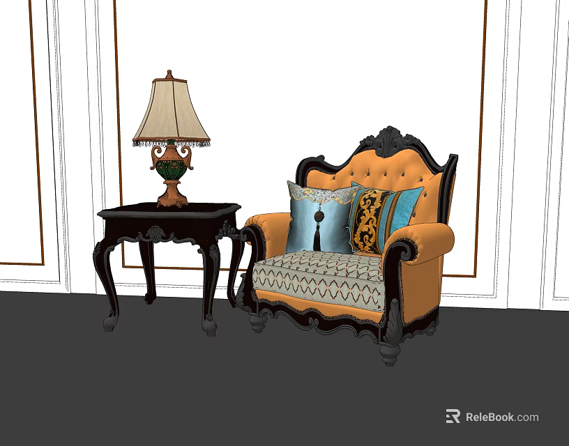 Vintage Style Orange Single Sofa With Black Armrests Throw Pillows And Side Table Lamp 3d model 