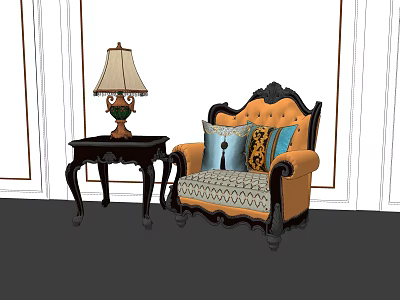 Vintage Style Orange Single Sofa With Black Armrests Throw Pillows And Side Table Lamp 3d model