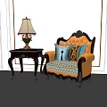 Vintage Style Orange Single Sofa With Black Armrests Throw Pillows And Side Table Lamp