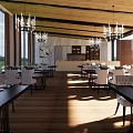 Spacious Bright Restaurant Interior With Wooden Ceiling Chandeliers World Map Wall And Large Windows